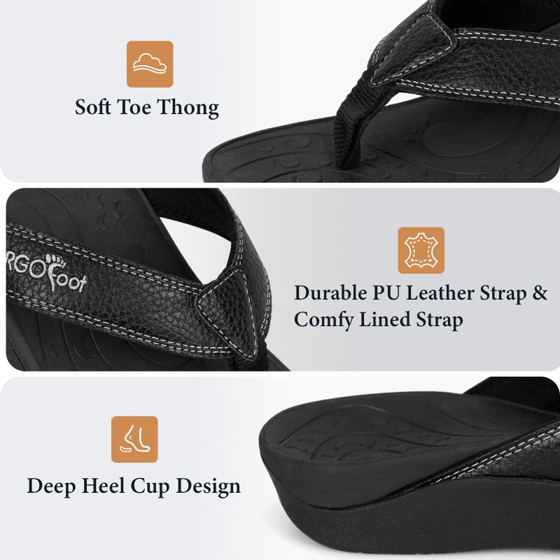 ERGOfoot Orthotic Flip Flops with Arch Support, PU Thong Sandals Walking Comfort with Orthopedic Support for Plantar Fasciitis Flat Feet, Beach Slippers for Women Men/Black - Image 3